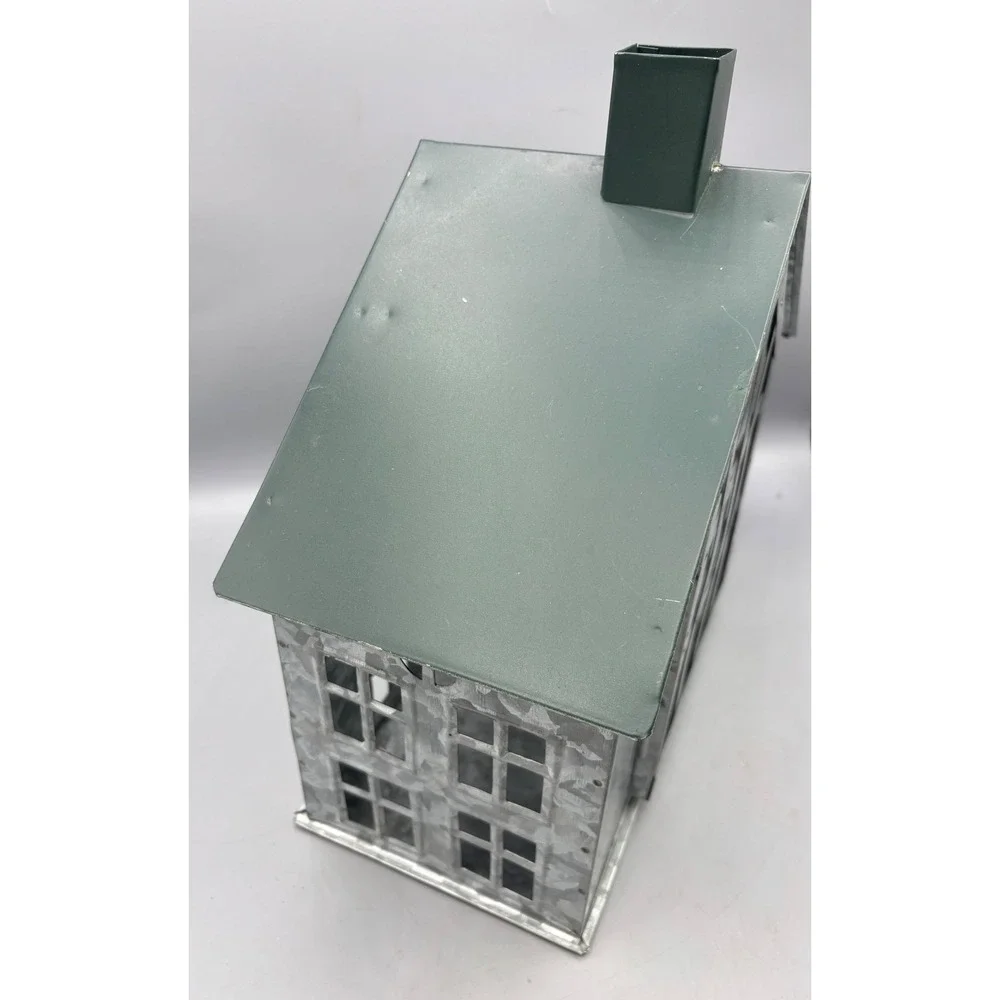 Galvanized Metal House Lantern‎ Green Roof Chimney Decorative Accent